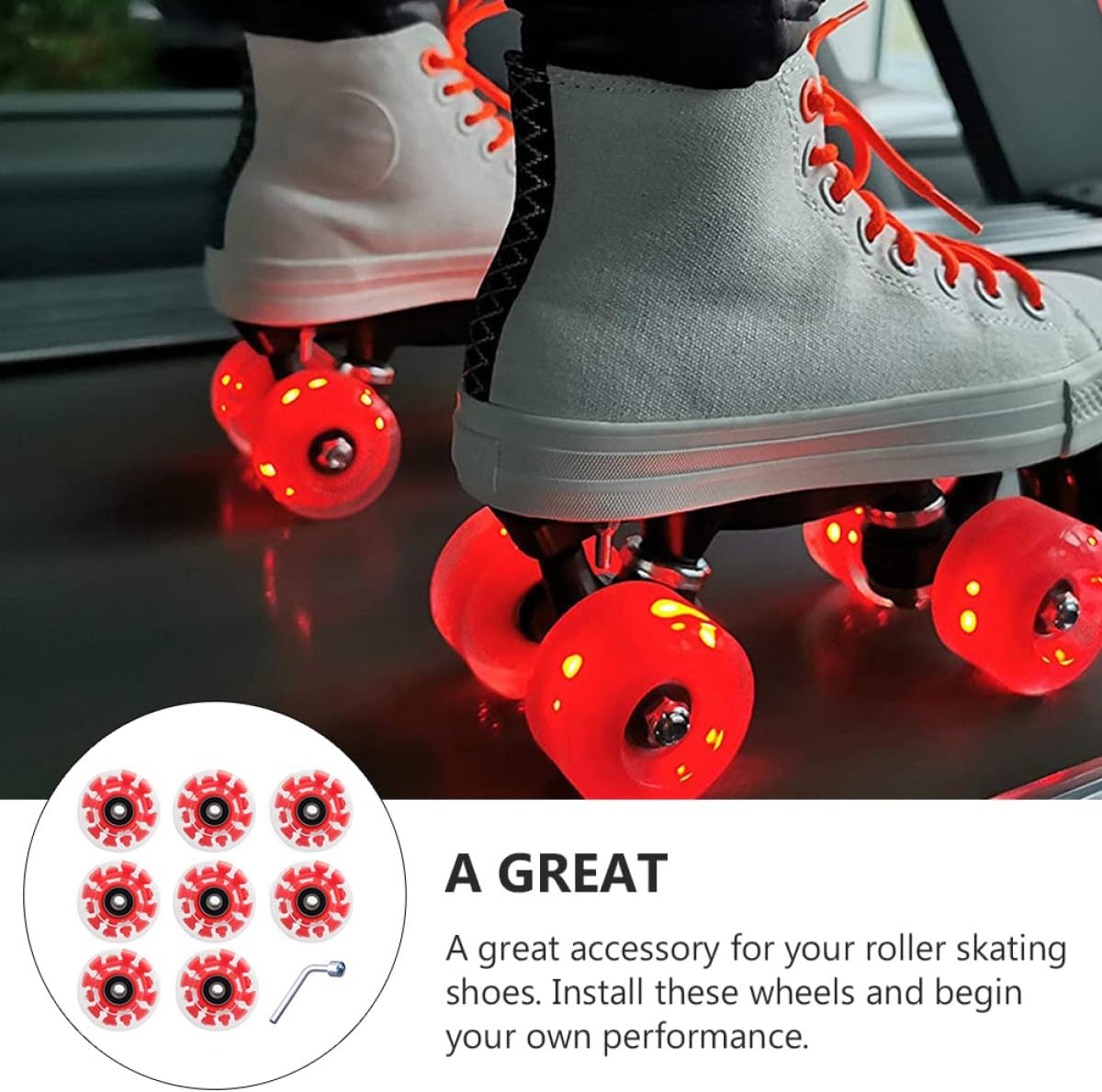 Uonlytech Light-up Roller Skate Wheels 8pcs with Bearings and Wrench, Pu Material Quad Skate Replacement Wheels for Outdoor and Indoor Roller Skating