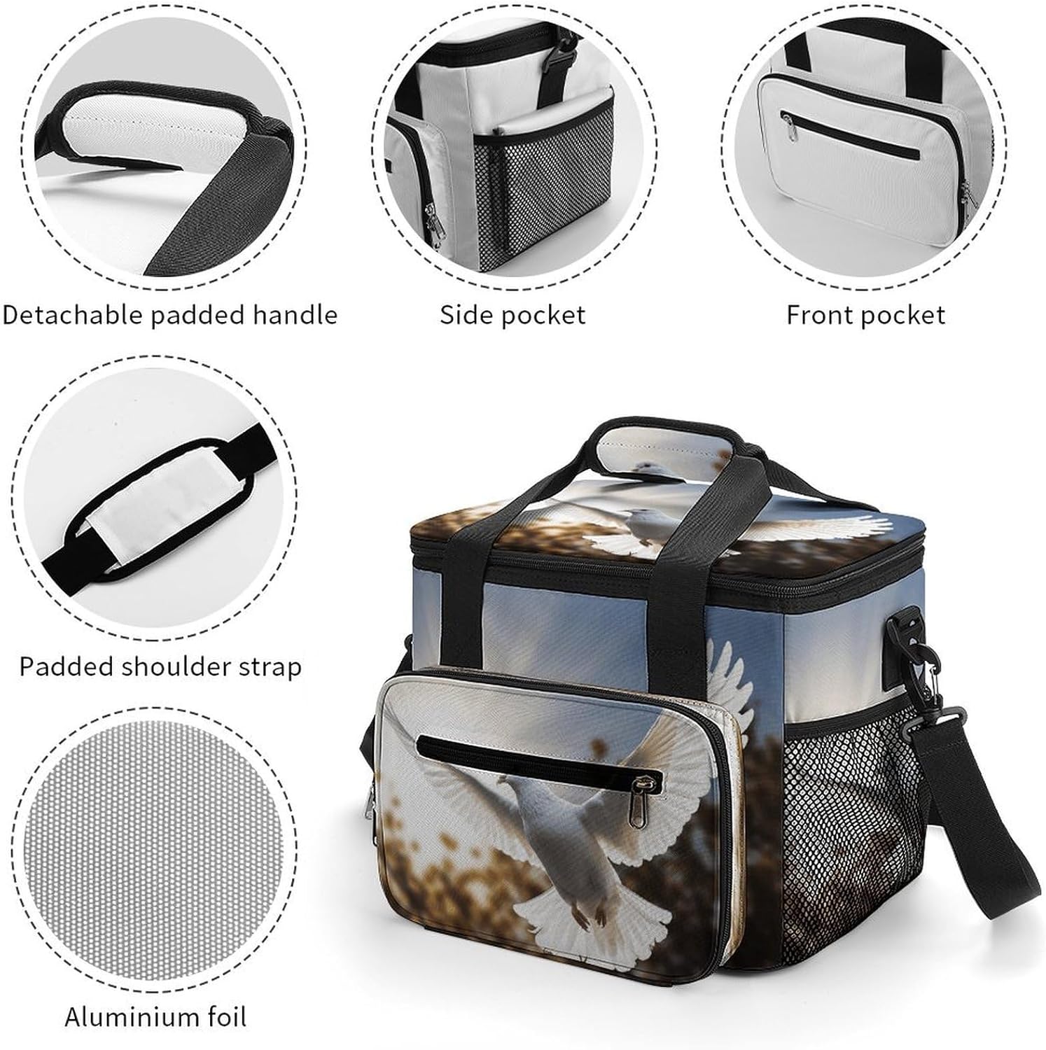 White Dove Flying in The Sun Cooler Bag Portable Insulated Lunch Bags Leakproof Ice Chest Large Capacity Soft Cooler Tote for Picnic Camping Work Travel Keep Food Drinks Fresh 22.5L