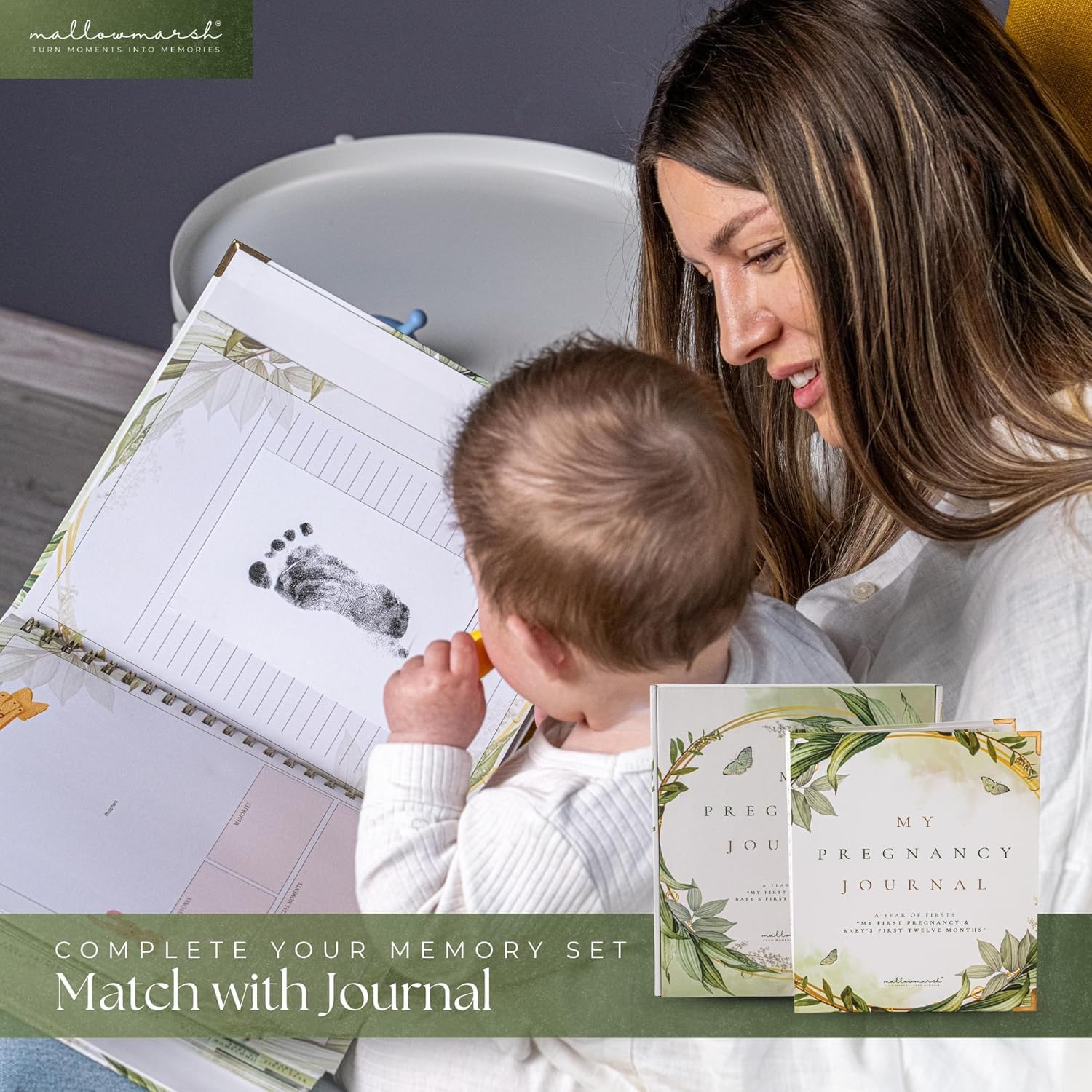 MallowMarsh™ Pregnancy Journal 40-Week Guided with Baby's First Year Milestones + Ink Pad for Baby Hand & Footprints – First-Time Moms Pregnancy Memory Book – Pregnancy Keepsake & New Mom Gift