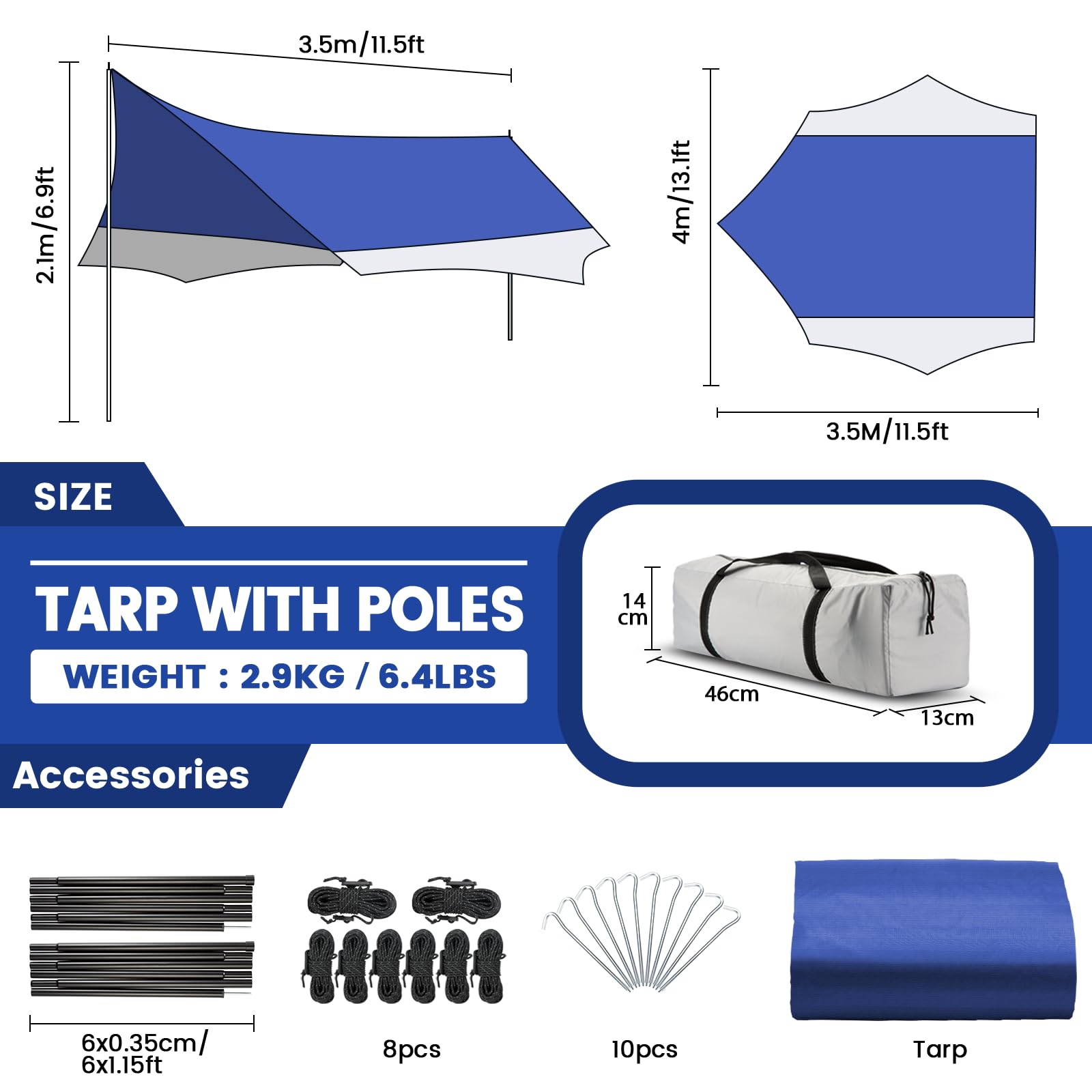 Toldo de Camping con 2 Postes, 3.7 x 4.3 m, toldo Impermeable PU2000+, UPF 50+, Revestimiento Plateado, Lona Impermeable con Ojales para Camping, mochileros, Senderismo