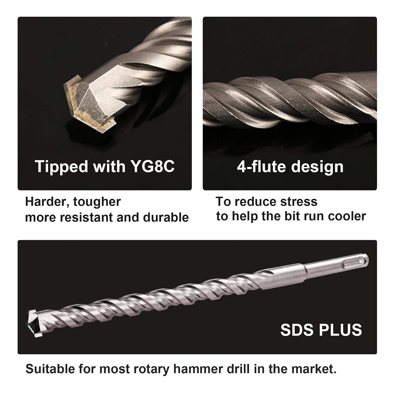 Rotary Hammer Drill Bits Set SDS Plus Bits Set Masonry Chisel Set 17pcs Drills for Impact Rotary Hammer Carbide-Tipped 4 Flutes Drill Bit for Bricks, Blocks, Stone with Storage Case
