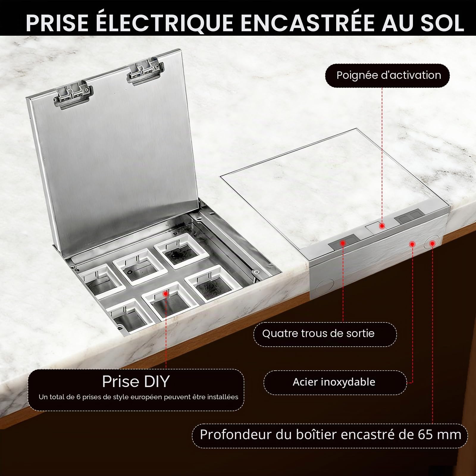 Prise de Sol en Acier Inoxydable, 4000W/16A Prise Encastrable étanche, Boîte de Prise Encastrée au Sol, Inserts Optionnels à Monter Soi-même,6 Compartiments, 200 * 200 mm