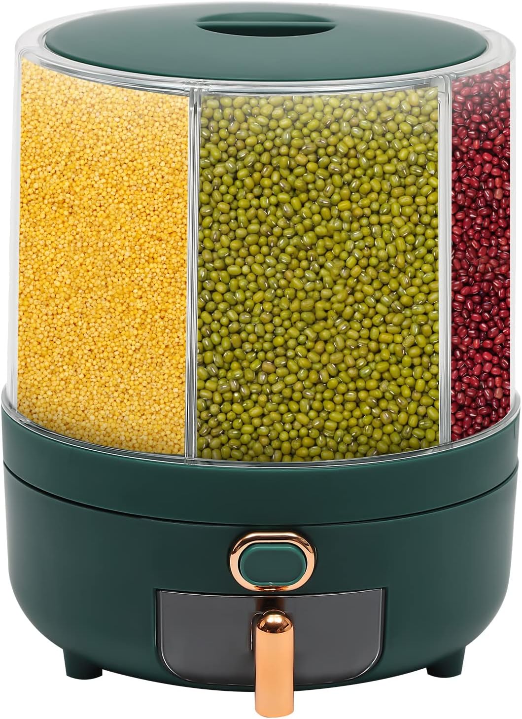 PERFERATE 6 Grid Grain Dispenser 360° Rotating Rice Container Cereal Dispenser Countertop Storage Container Dry Food Dispenser for Soybean, Corn, Rice Candy, 9.92LBS (Green)