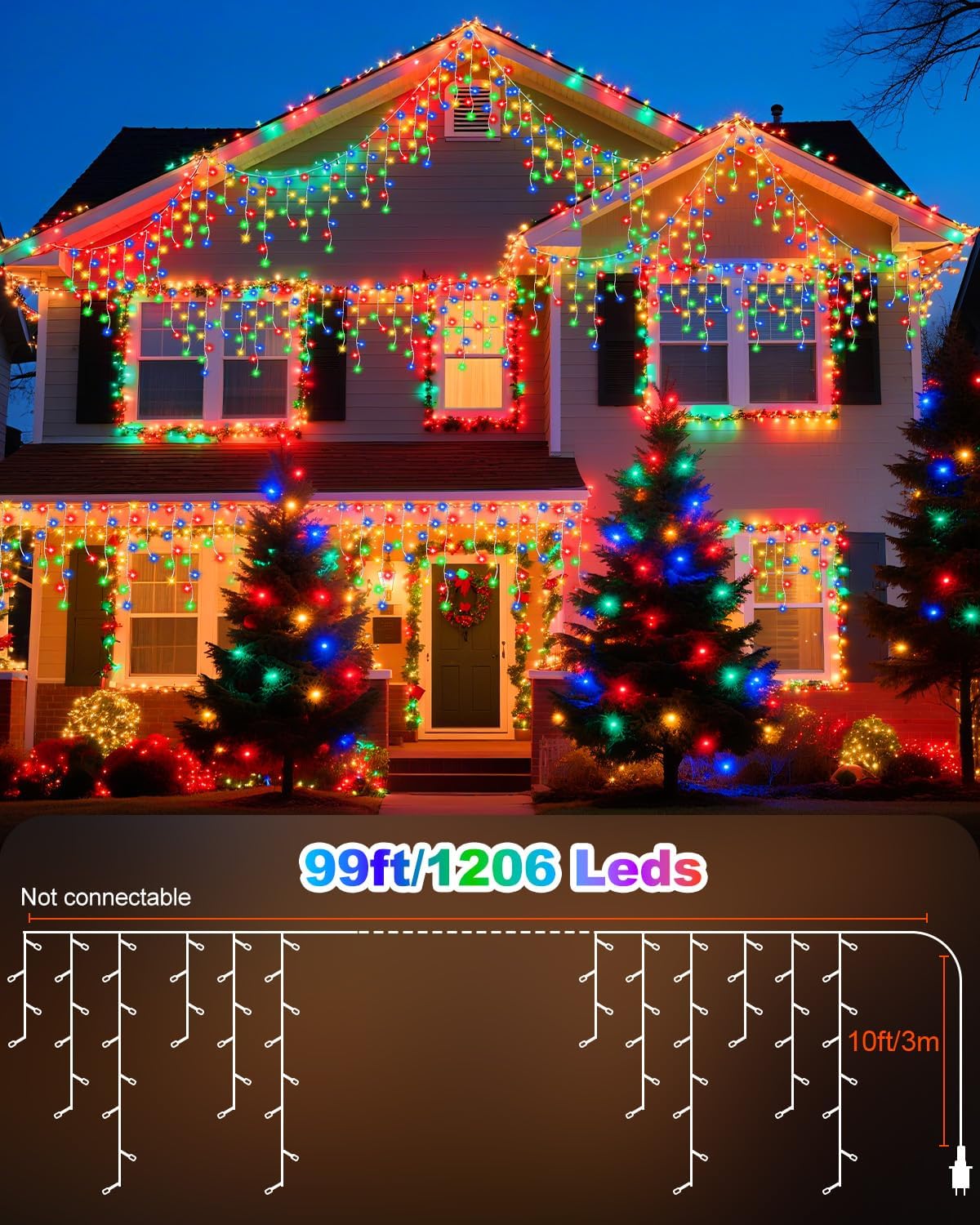 Christmas Ice Lights Outdoor, Multicolor 99FT 1206 LED 8 Modes Plug in Xmas Tree Decorations Twinkle Fairy Light String with Remote Timer Memory for Roofline Yard Party Wedding Camping Decor
