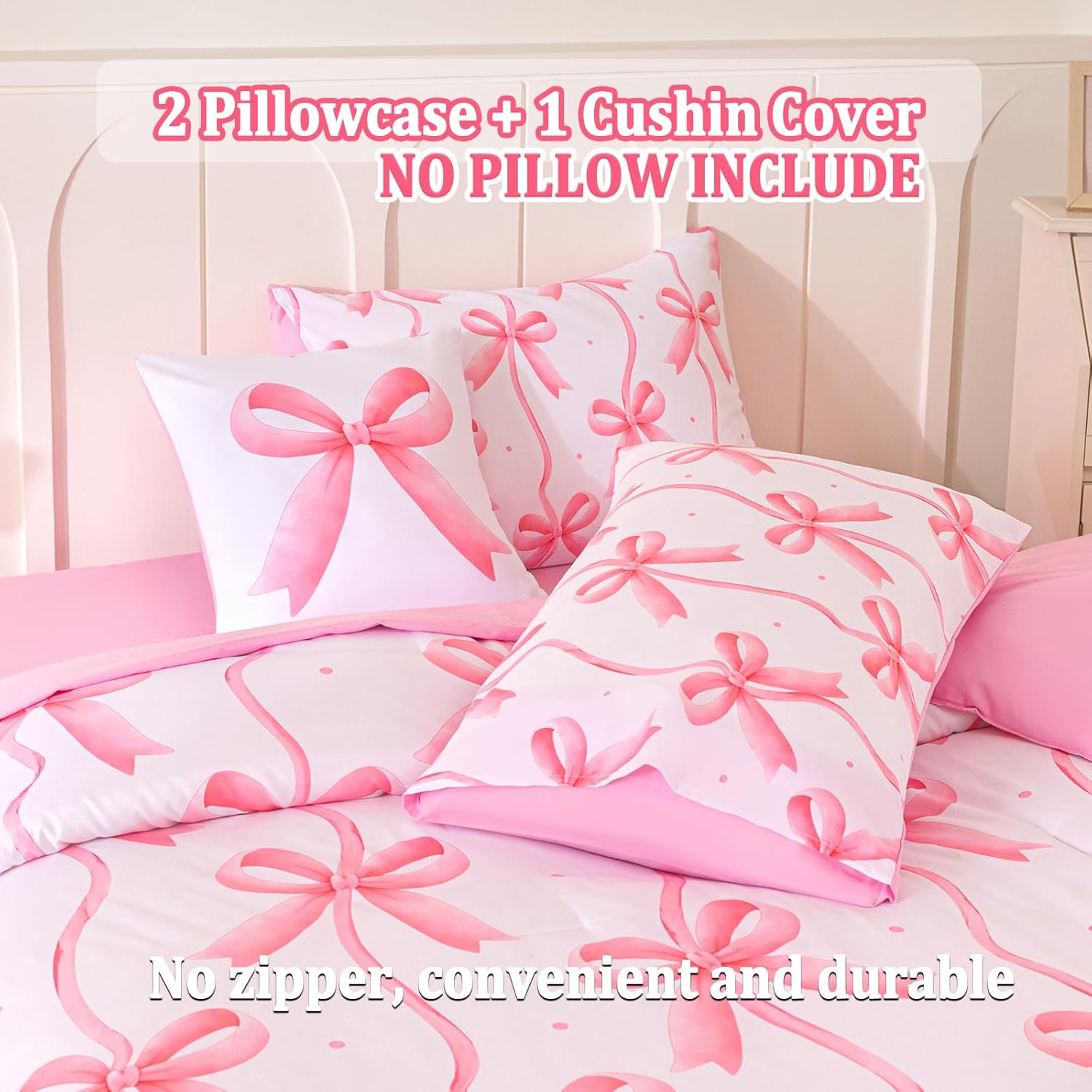 Full Size Comforter Sets Bed in A Bag for Girls,Pink Bow Bedding,6 Pcs Bow Comforter Sets with Sheets for Kids
