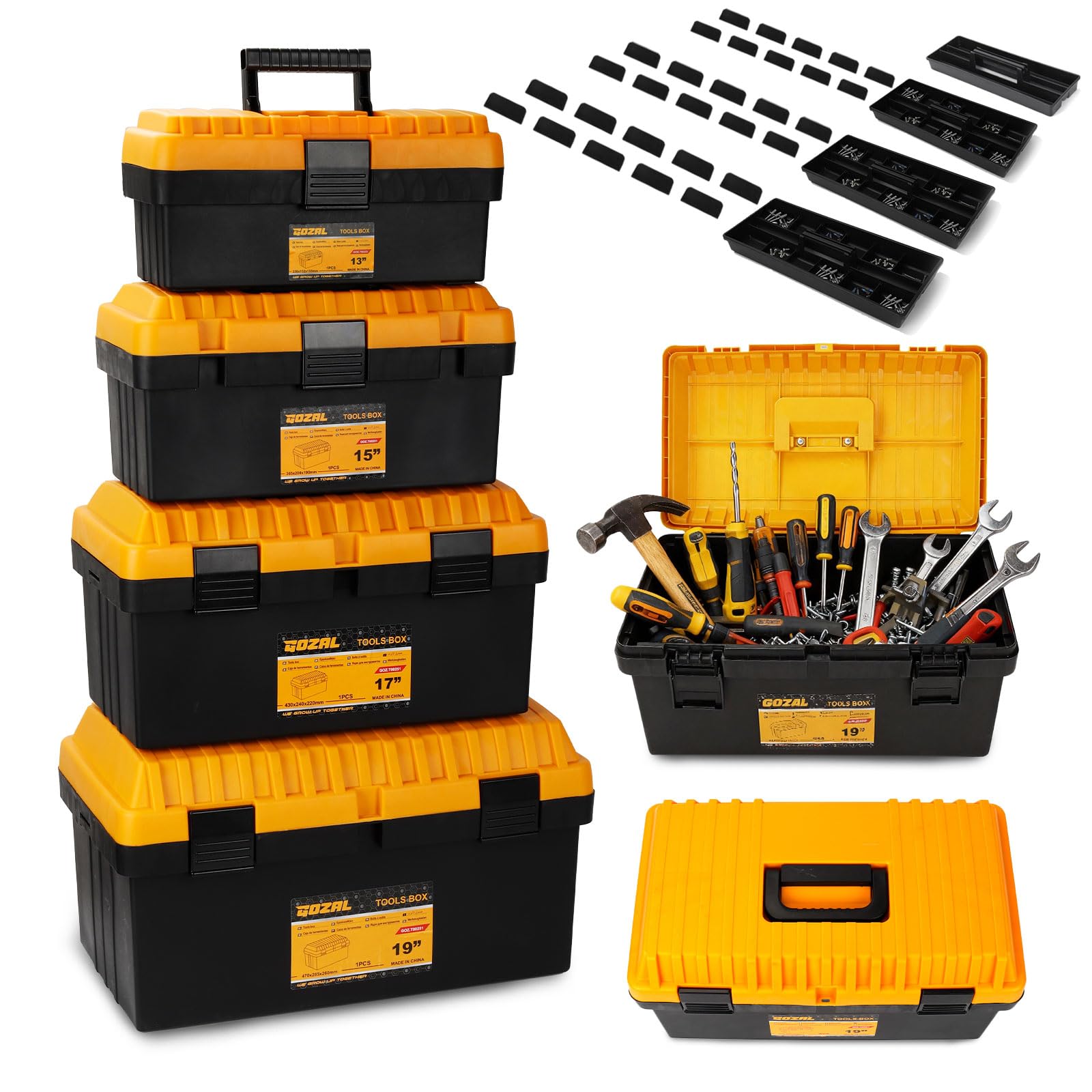 Photo 1 of 4 Pack Heavy Duty Plastic Tool Box Set, Stackable Portable Boxes, 13-19"