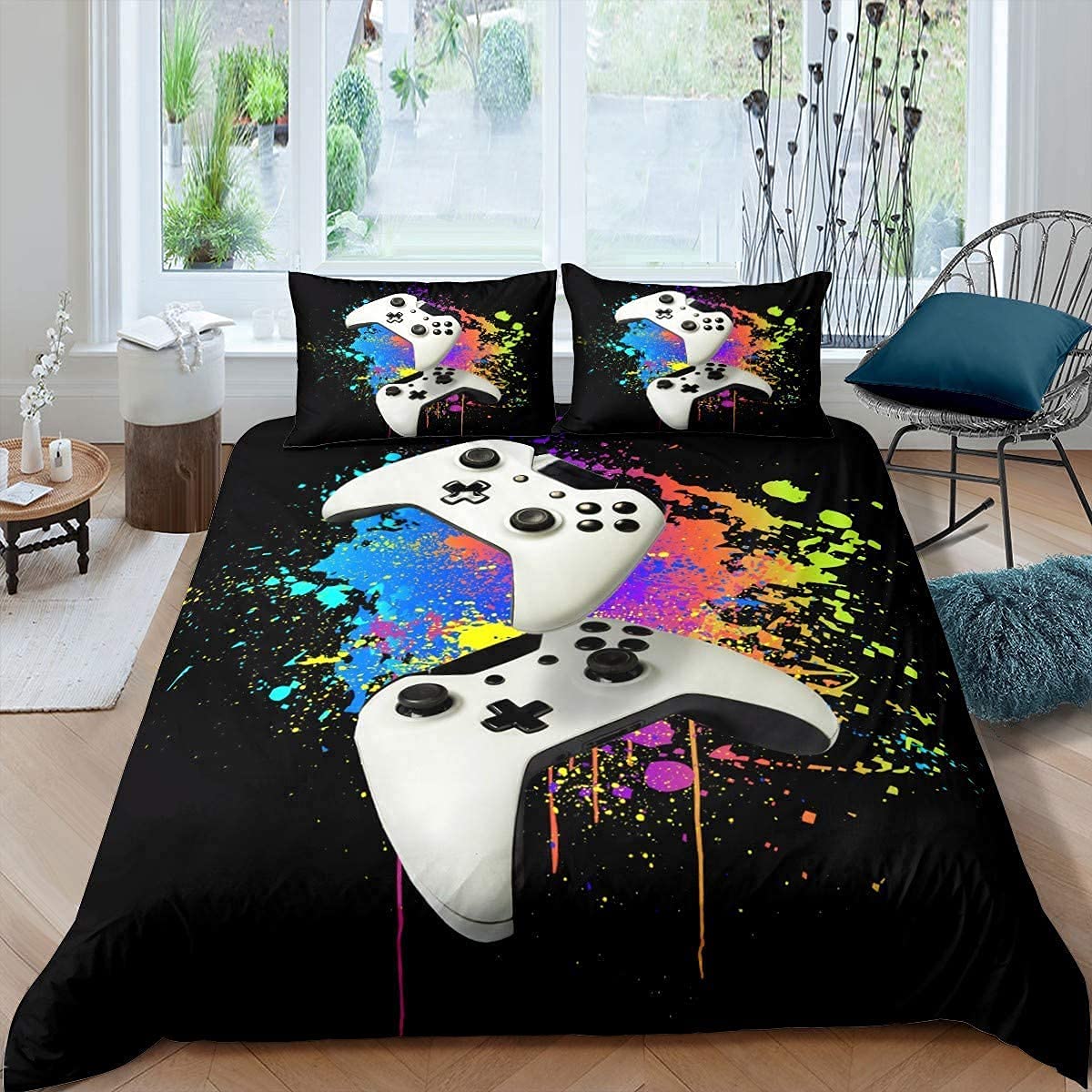 Loussiesd Modern Spiele Bettbezug Set Kinder Jugend Aquarell Graffiti Videospiel Bettwäsche 135x200cm Weiß Gamepad Spritztinte Tie Dye Betten Set mit 1 Kissenbezug Reißverschluss Sanft Mikrofaser