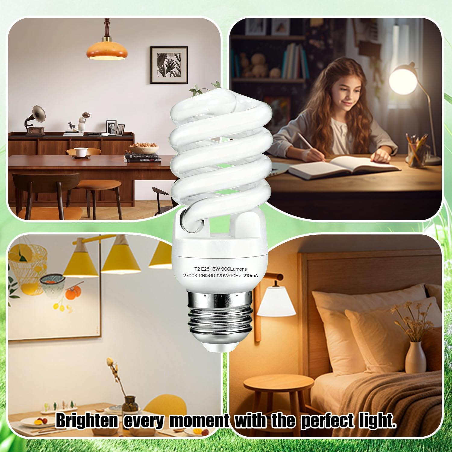 E26 Base 13W 2700K 900lm CFL Light Bulbs, T2 Spiral (60Watt Equivalent) Soft White Compact Fluorescent Light Bulbs, UL Approved, 120v 60Hz, Self Ballasted, Indoor Use (3 Pack)