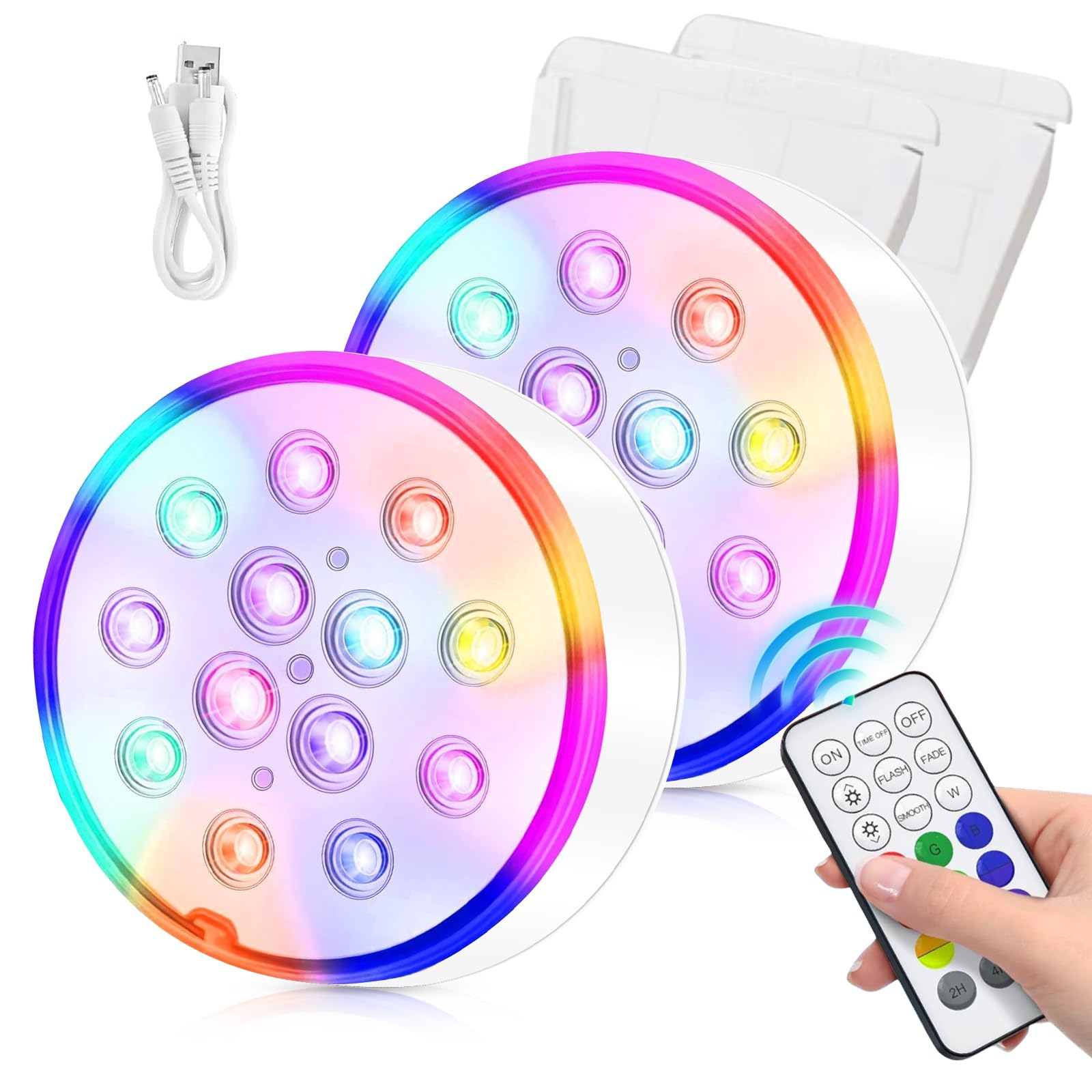 HOSPAOP 2 x Luci LED Sommergibili Piscina Ricaricabili, IP68 Impermeabili con Telecomando RF, USB, Timer, RGB 16 Colori 13 LED per Piscina, Spa, Acquario, Stagno, Vaso, Festa