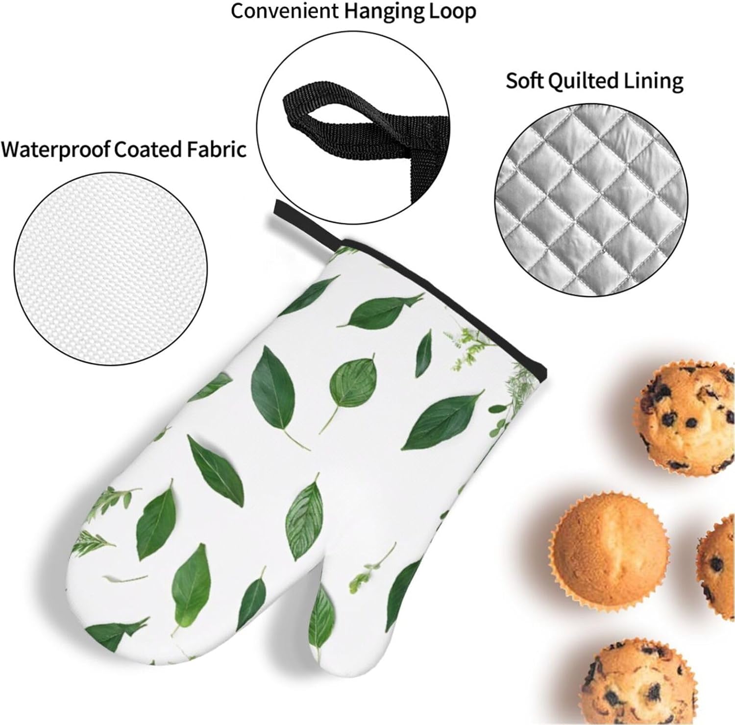 (Eucalyptus Leaves) Baking 4-Piece Set: 2 Oven Mitts and 2 Pot Holders Heat Resistant Waterproof Hanging Loop for Kitchen Oven Grill Housewarming Gifts