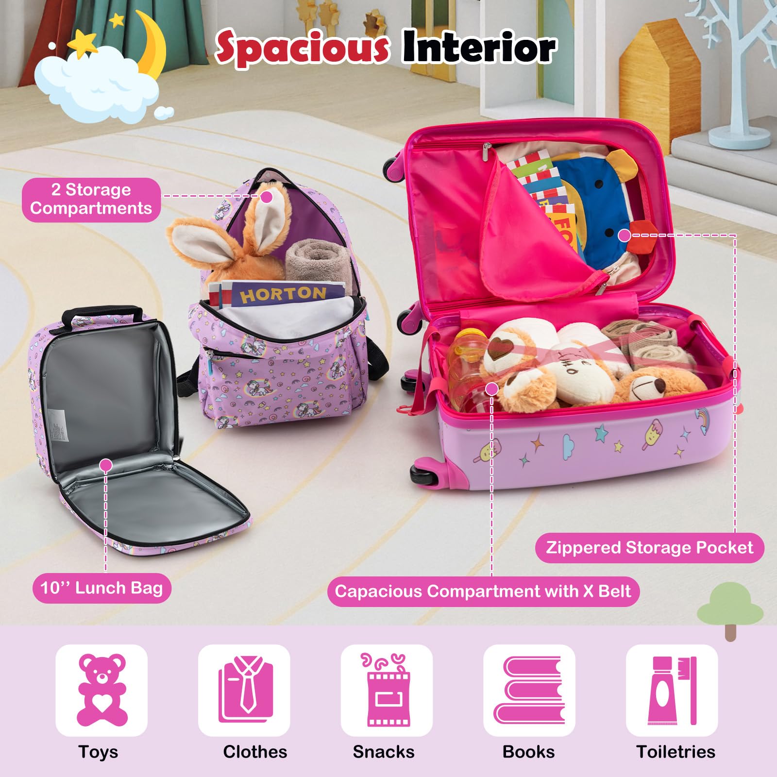 SOARS Maleta Infantil de 5 Piezas, Maleta Viaje con Mochila, Cojín Cervical, Bolsa de Almuerzo y Etiqueta de Equipaje, Equipaje Infantil con Ruedas y Asa Telescópica, para niños y niñas (Unicornio)