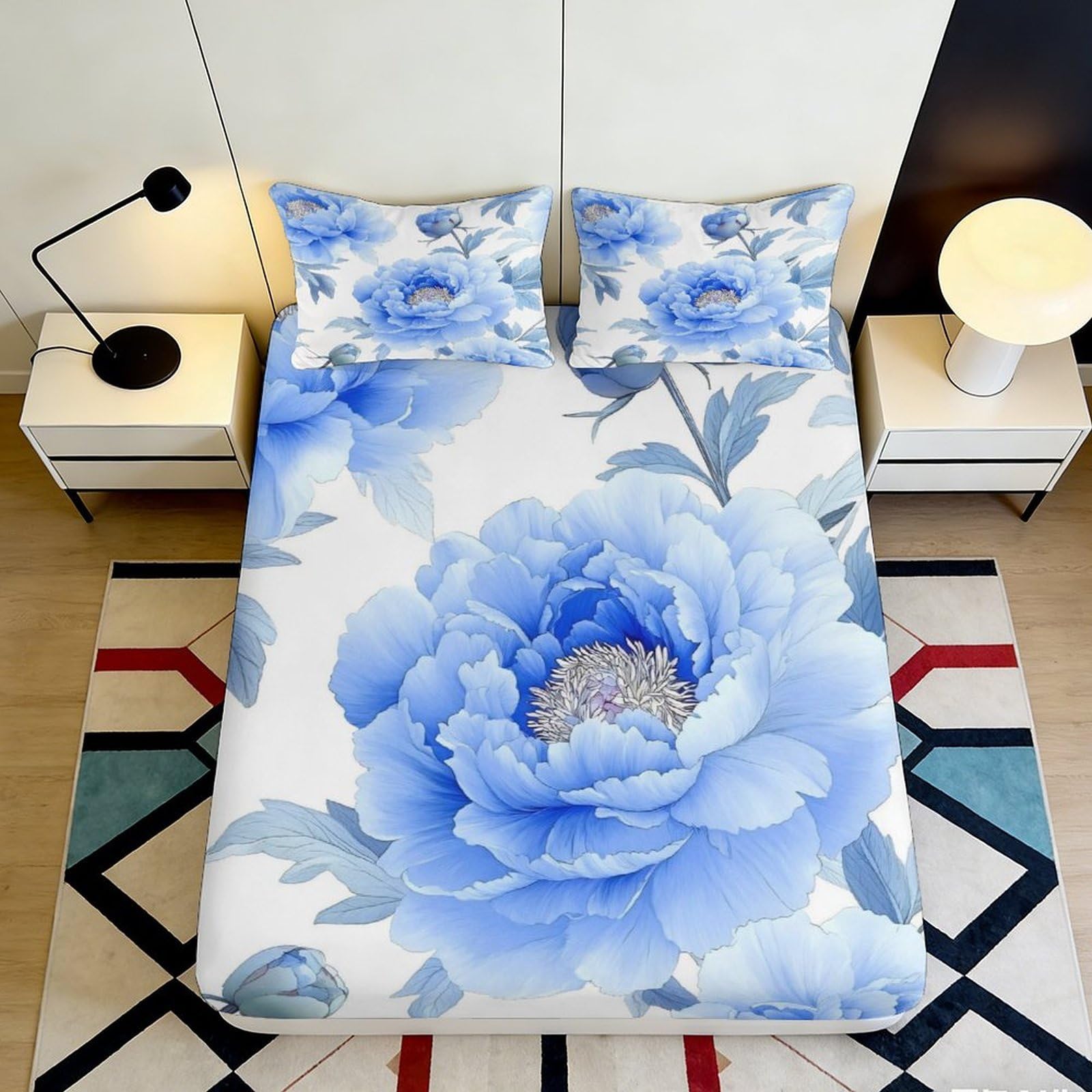 3D Printed Blue Peony Fitted Sheet Microfiber Soft Floral Mattress Cover for Bedroom Guest Room Easy Care Decor 90x200x25cm