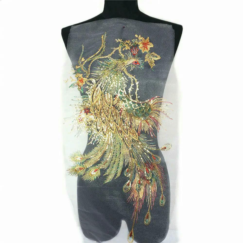 Guozhan Green 54Cm Sequins Phoenix Peacock Feather Rhinestone Flowers Mesh Lace Trims Sew On Patches Embroidery For Wedding Appliques