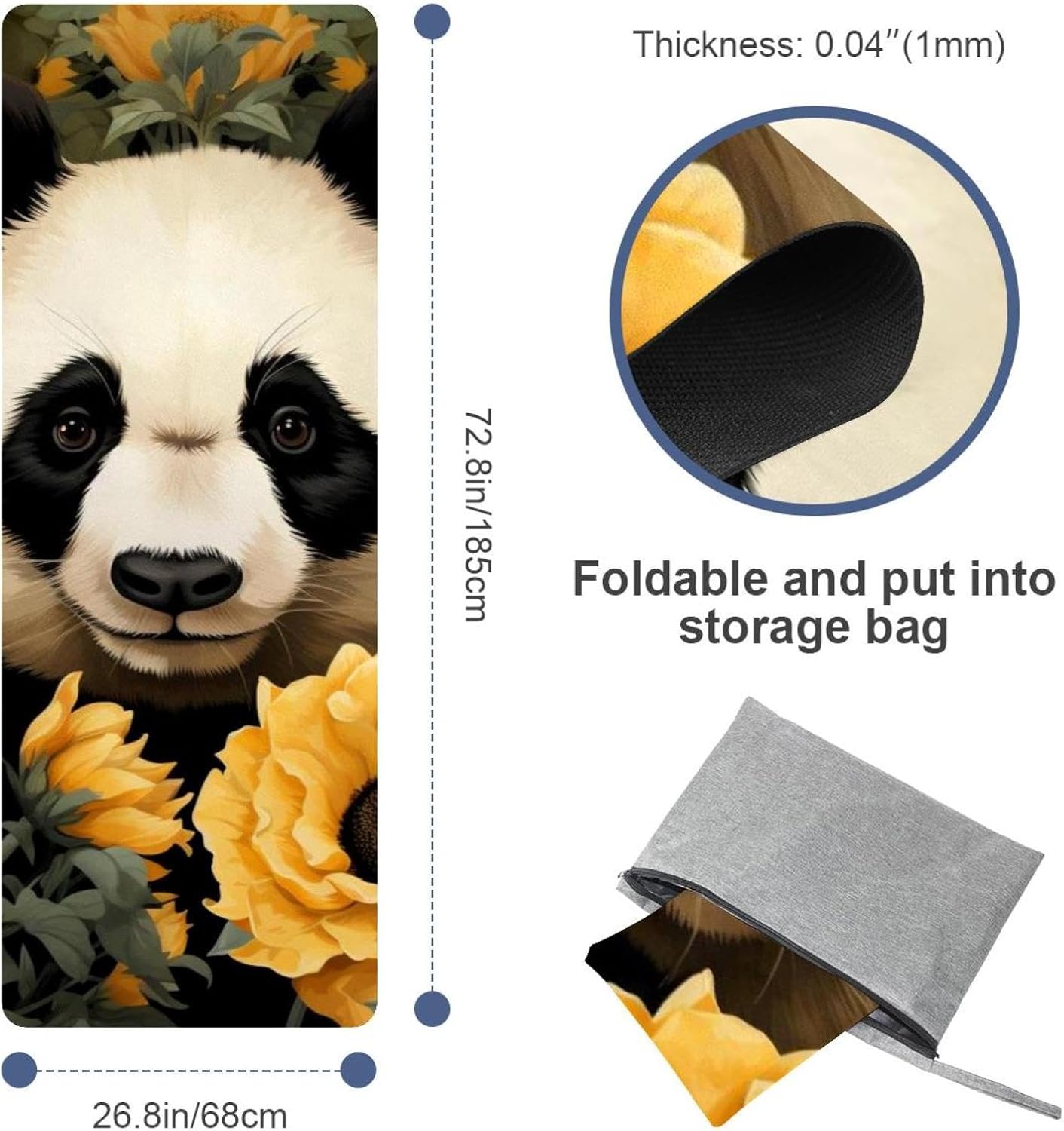 Yoga Towel, Sunflower Panda Pattern Non Slip Sweat Absorbent Hot Yoga Mat Towel for Hot Yoga, Pilates and Fitness - 72.8" x 26.8"