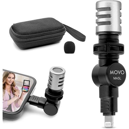 Movo MA5L External Microphone for iPhone, iPad, iOS - Mini Mic for iPhone with MFi-Certified Lightning Jack, 180° Swivel - Apple Smartphone Microphone for Video Recording, Vlogging, Music, Interviews