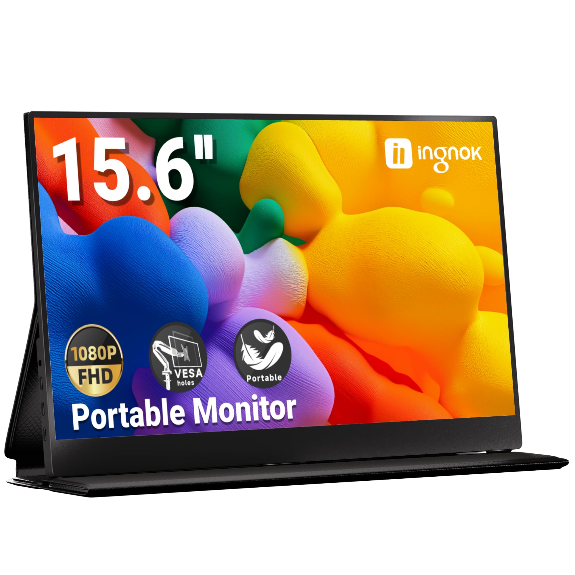Ingnok Portable Monitor, 15.6" FHD 1080P IPS External Laptop Monitor with USB-C HDMI, Portable Screen for Laptop Mac PC Phone Gaming,Built-in Speakers & Smart Cover