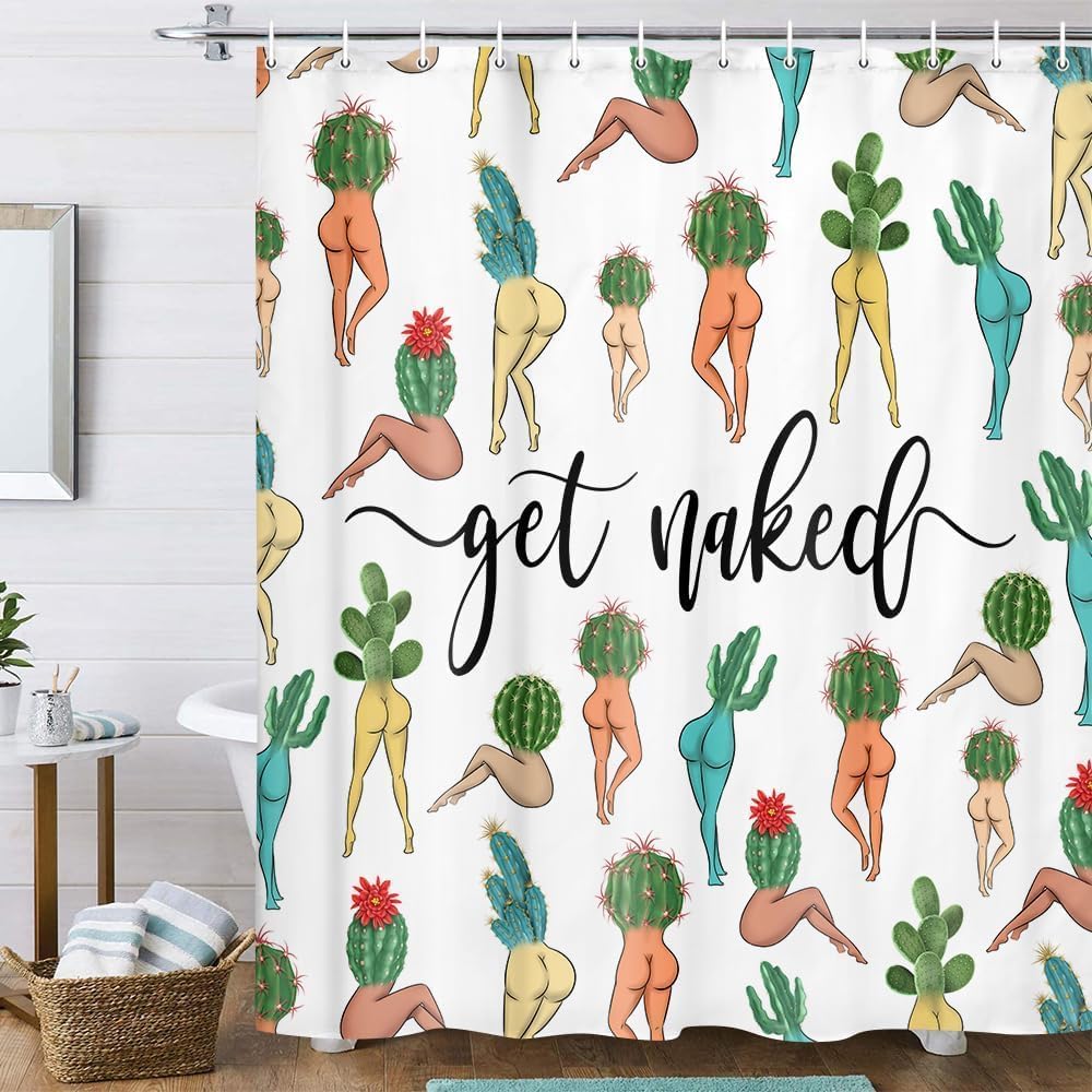 Funny Cactus Butt Shower Curtain, Fun Cute Sexy Butt 70S 80S Fabric Shower Curtain Set, Funky Hippie Psychedelic Aesthetic Colorful Unique White Western Boho Shower Curtain 70X70IN Get Naked