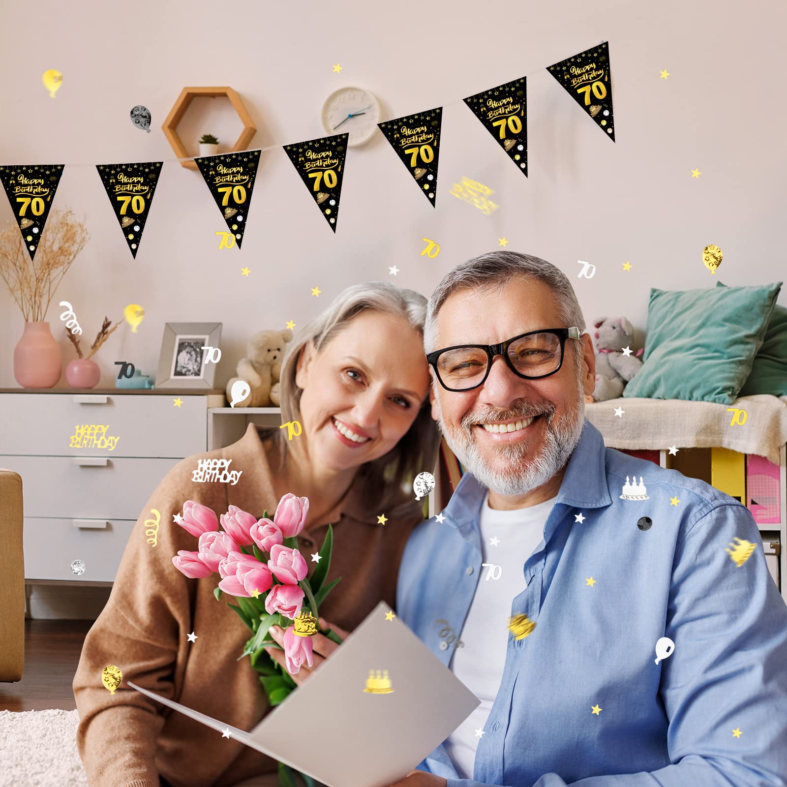 NXPUXP – Confettis Anniversaire Or Et Noir – Set Déco Table Pour 70e Anniversaire