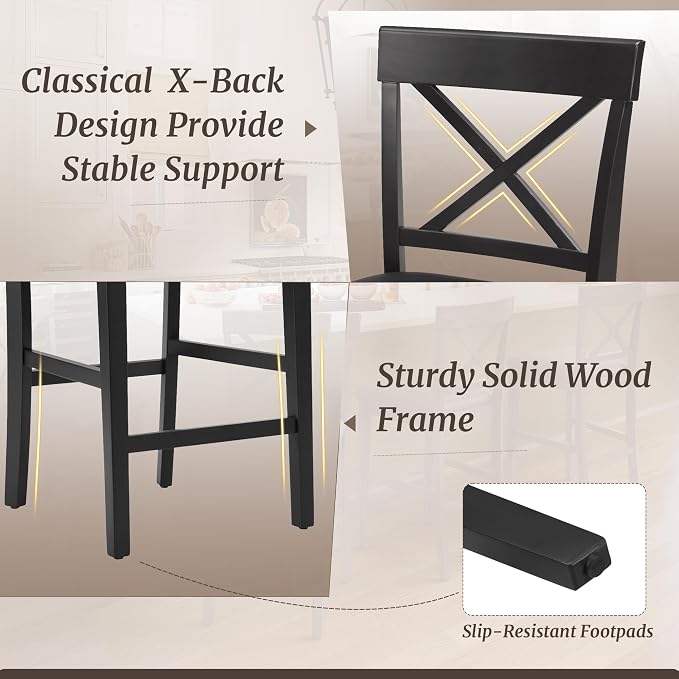 Butaco clásico de madera con asiento de cuero sintético negro miniatura 4