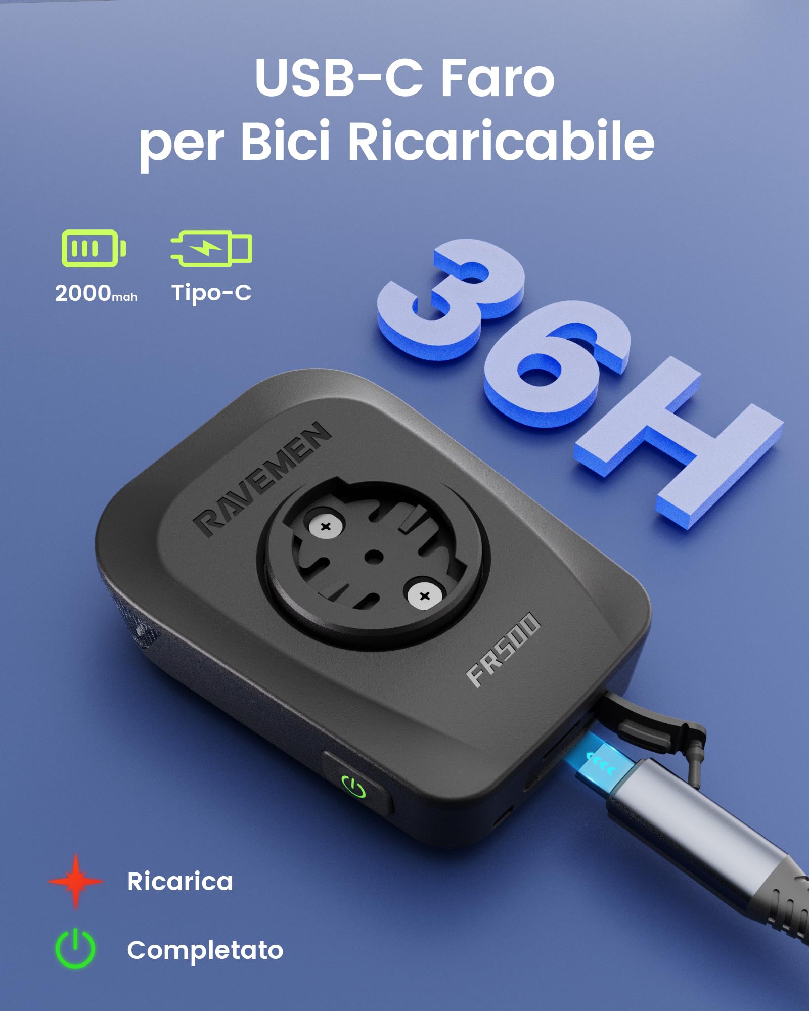 RAVEMEN FR500 500 Lumen Fanalini Anteriori per Bicicletta, Compatibile con Garmin/Wahoo Ciclocomputer, Diurna e Notturna Visibile Lateralmente 6 Modalità per ciclismo su Strada e Urbano IPX6