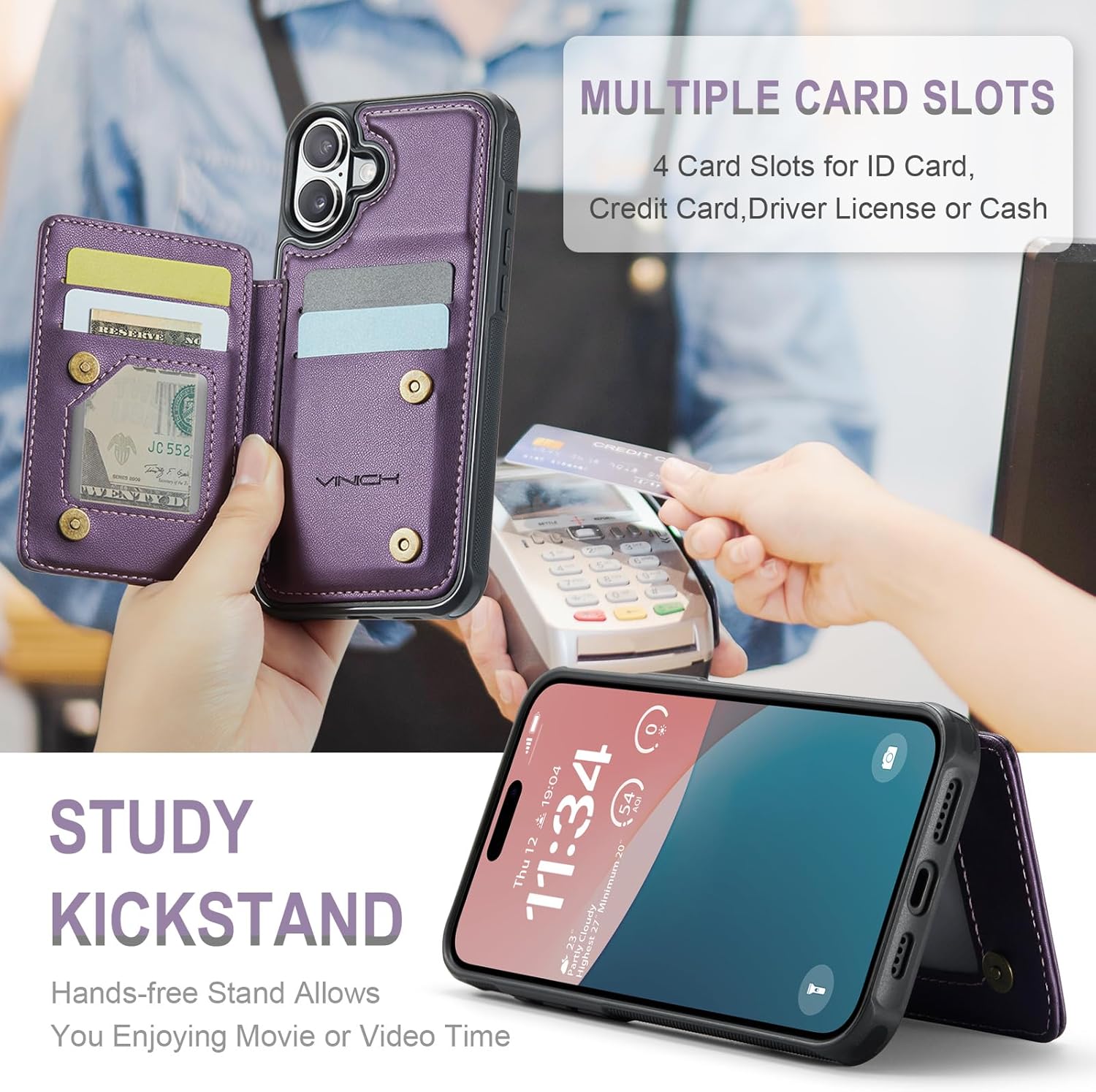 Vinich for iPhone 16 Wallet Case with Card Holder, RFID Blocking Credit Slots Kickstand Shockproof Phone Cover Fit for iPhone 16 6.1" Purple - Image 4