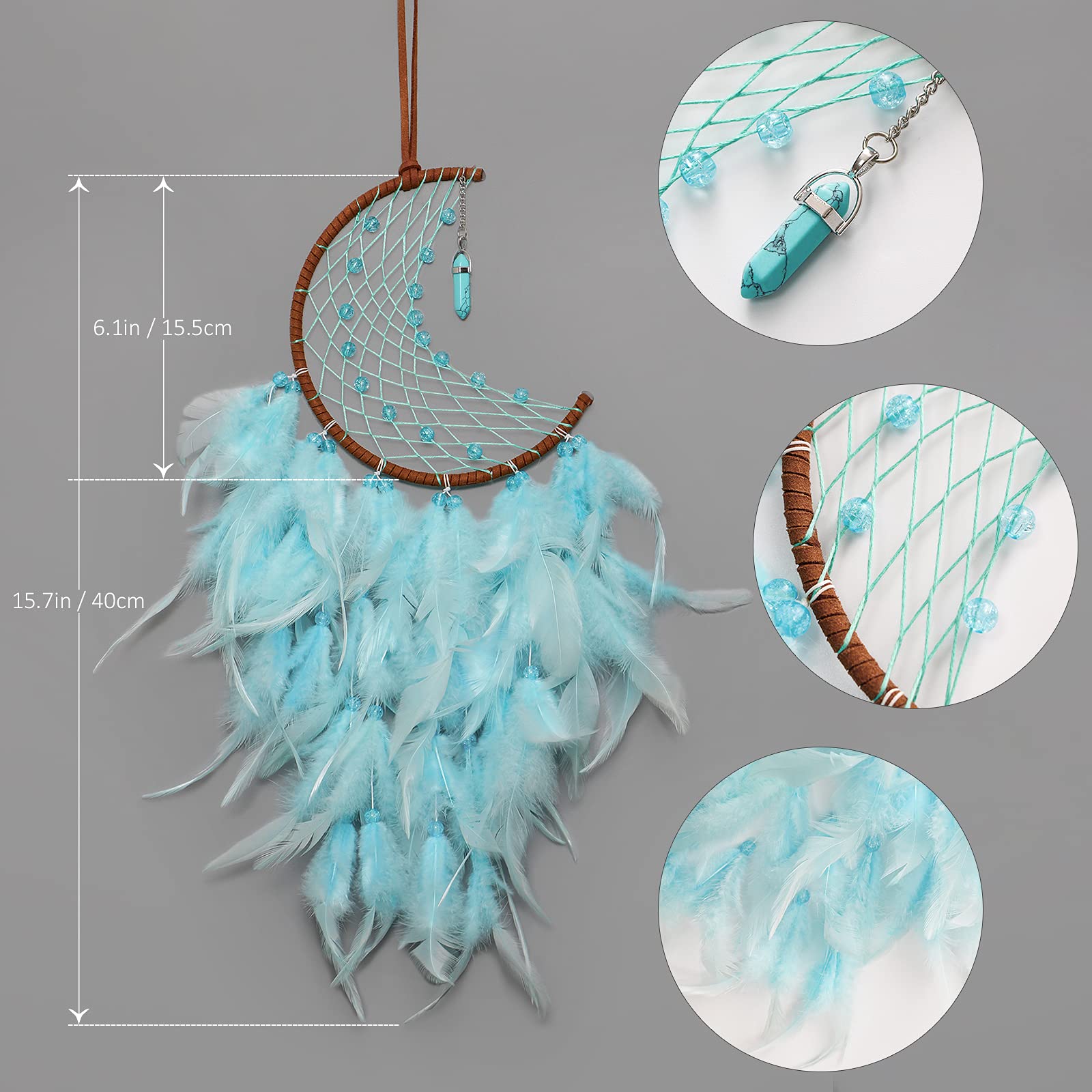 Ornement Lune 15.5cm Plumes Naturelles Attrape-rêves En Forme De Lune Avec Plumes Et Turquoise - Décoration Murale Féerique Pour Chambre, Cadeau Symbolique Ornement Lune 15.5cm Plumes Naturelles Attrape-rêves En Forme De Lune Avec Plumes Et Turquoise - Décoration Murale Féerique Pour Chambre, Cadeau Symbolique