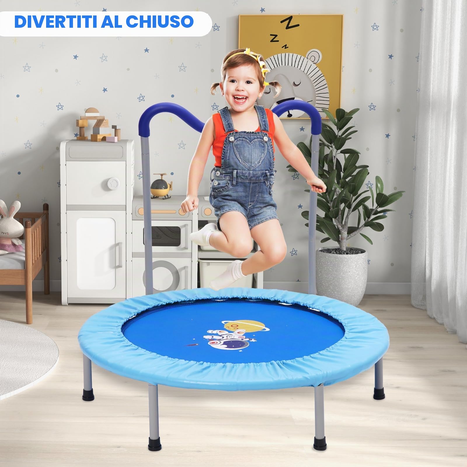 Trampolino Elastico per Bambini,Tappeto Elastico Pieghevole per Bambini con Astronauta Copertura,Cuscinetti Antiscivolo e Maniglia,Ideale per Interno ed Esterno,Carico Massimo 150 kg