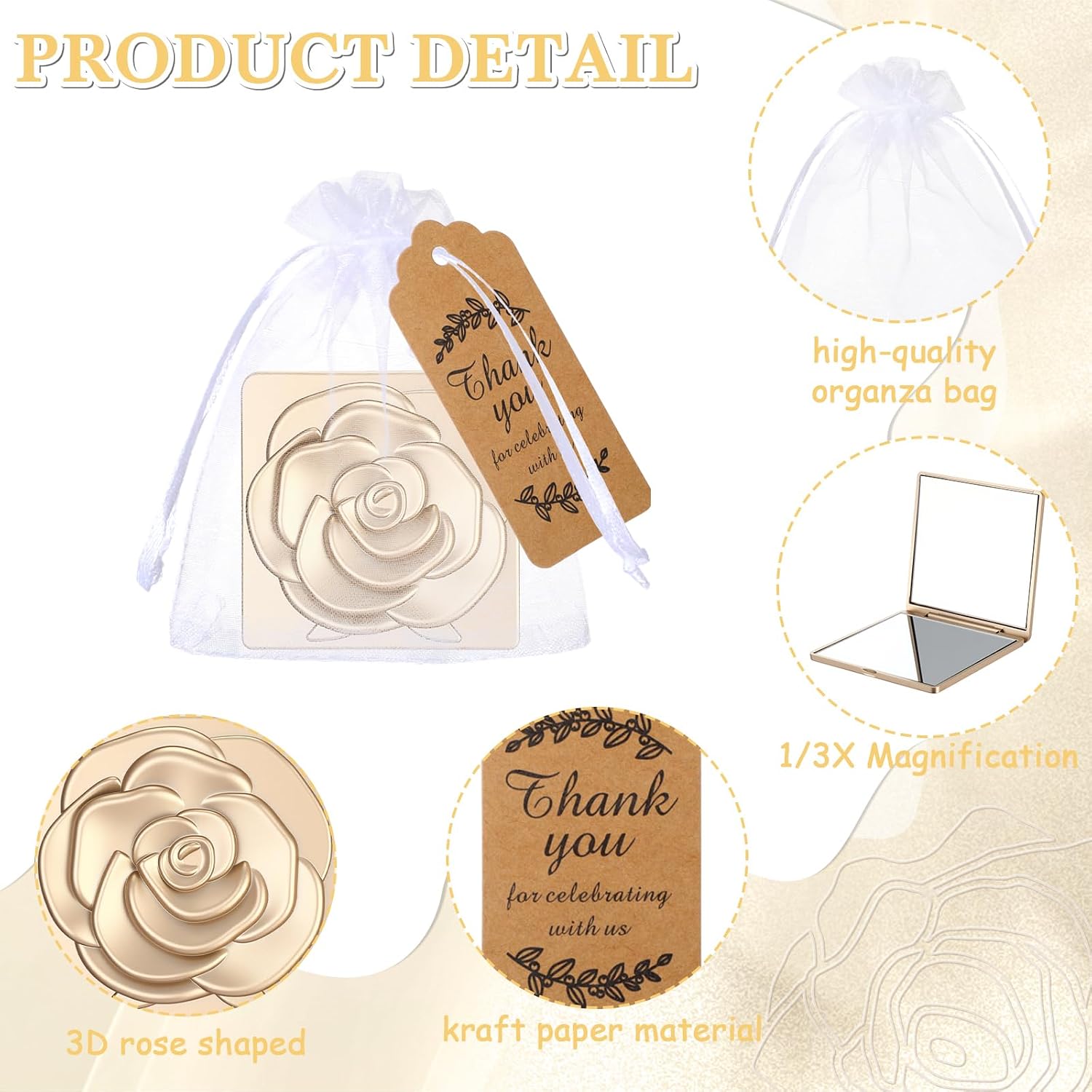 Soaoo 30 Set Rose Compact Mirror Gifts Bulk Pocket Mirror with Thank You Tags Bag for Women Wedding Guests Bridal Shower Quinceanera Party Gifts Favors Souvenir(Gold)