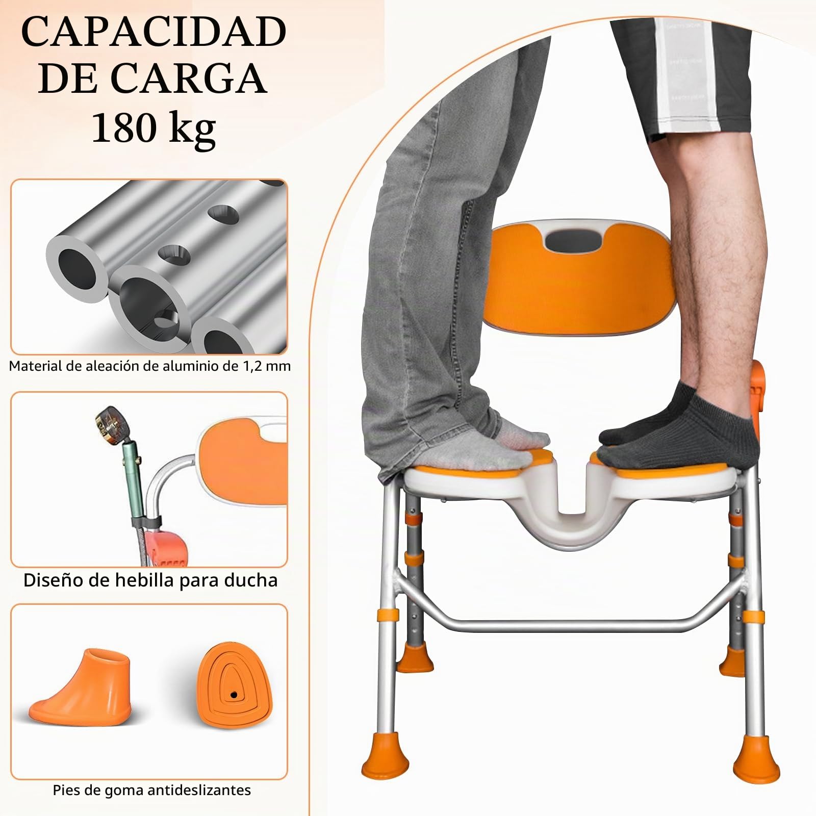 Silla de Ducha Plegable, Silla de Ducha Asiento de Ducha Resistente con Reposabrazos y Respaldo, Asiento de Ducha Antideslizante Altura Ajustable, Silla Baño Ancianos Ducha, Carga 180 kg