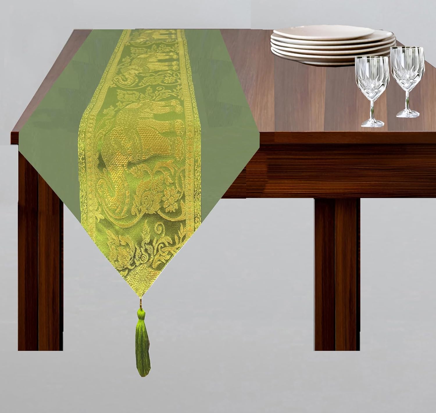 Thai Slik Elephant Style Table Runners for Home Decorative Coffee Table Bed Runners Sofa 13 x 69 Inches (33x175cm) (Green Jade)