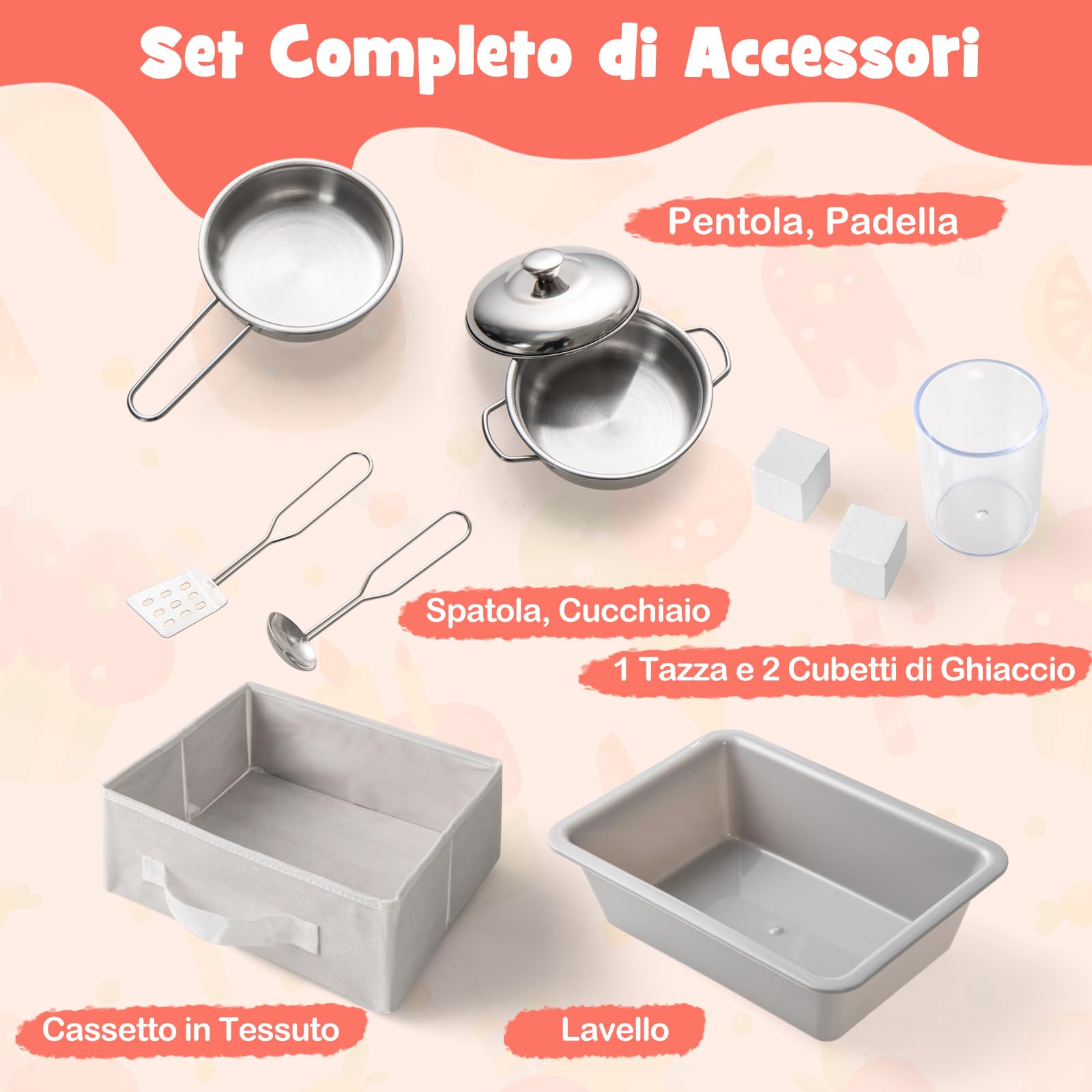 COSTWAY Cucina Giocattolo con Macchina del Ghiaccio e Microonde con Luce, Cucina per Bambini in Legno con 2 Lavagne, Lavandino e Cassetto in Tessuto, Set Cucina con 9 Accessori, 86 x 27 x 83 cm