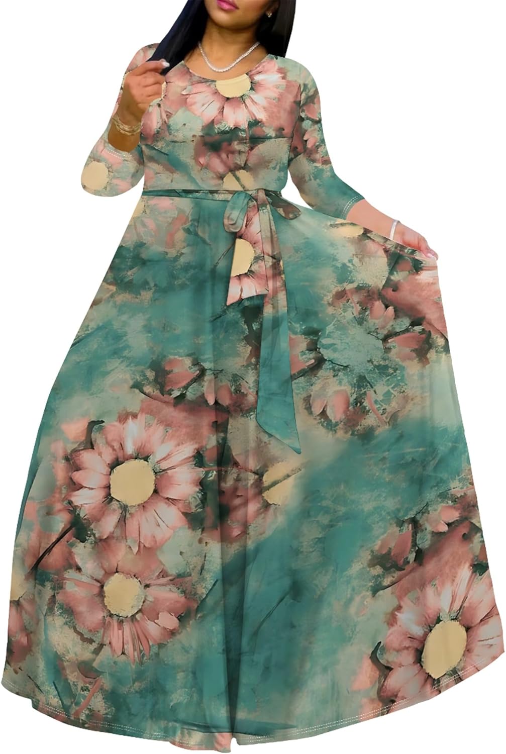 Plus Size Maxi Dresses for Curvy Women Casual 3/4 Sleeve Crewneck Floor Length Floral Print Dress with Belt - Image 2
