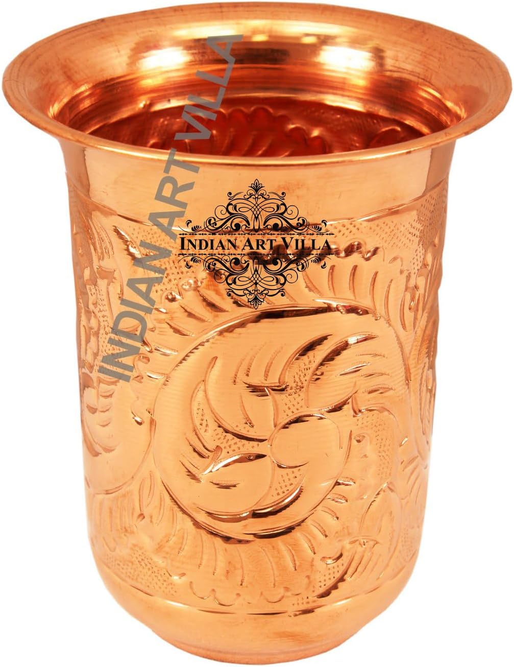 Indian Art Villa Pure Copper Tumbler with Flower Design Glass, Copper Vessel, Drinkware and Serveware, Home Restaurant, Volume- 11 Oz, Set of 4