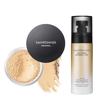 bareMinerals Original Loose Powder Foundation SPF 15, Clean Mineral Powder Face Makeup, Sheer-to-Full Coverage, Talc-Free, Non-Comedogenic, Vegan + Mineral Veil Natural Matte Setting Spray Bundle