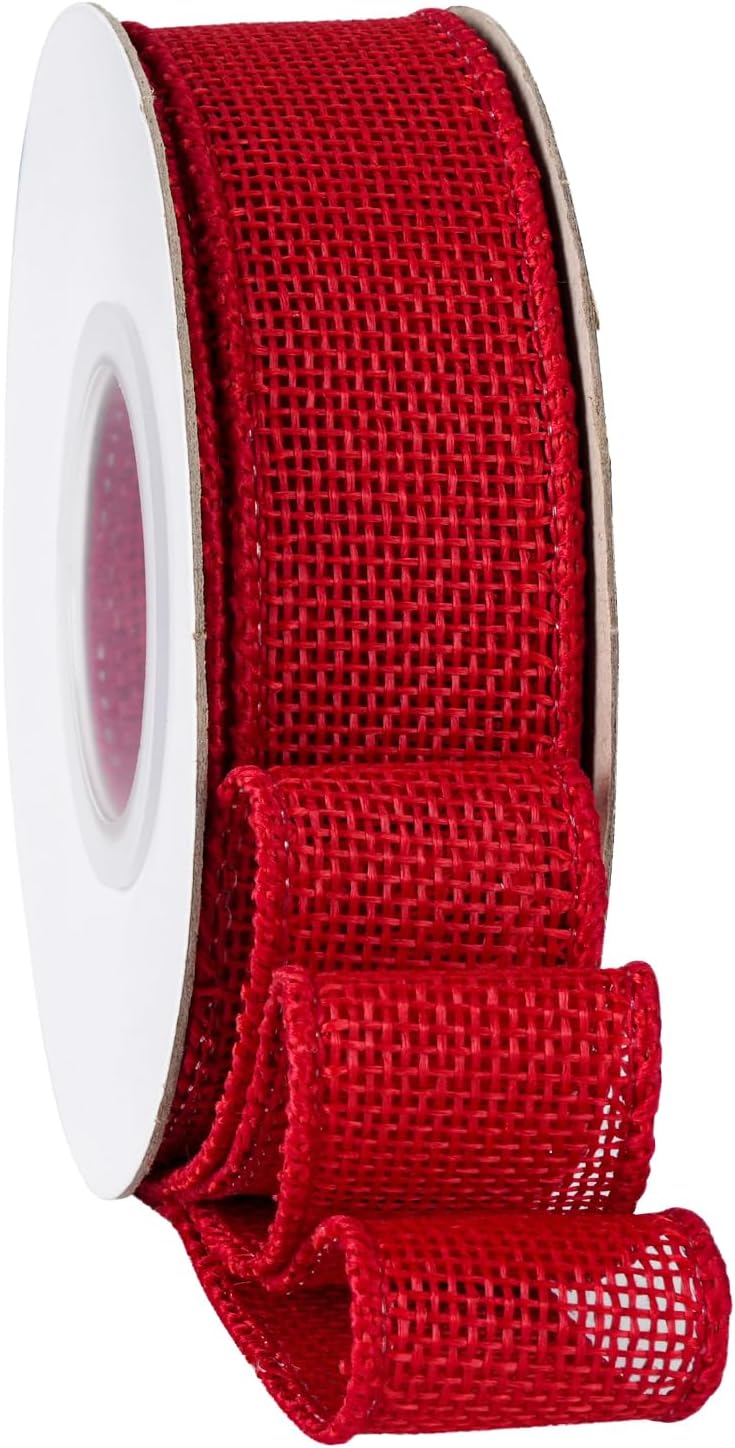 Red Burlap Wired Ribbon, Ribbon with Wire Edge for Memorial Day, Veterans Day, Fourth of July, President's Day, USA Decorations. 1 Inch x 10 Yards/Roll.