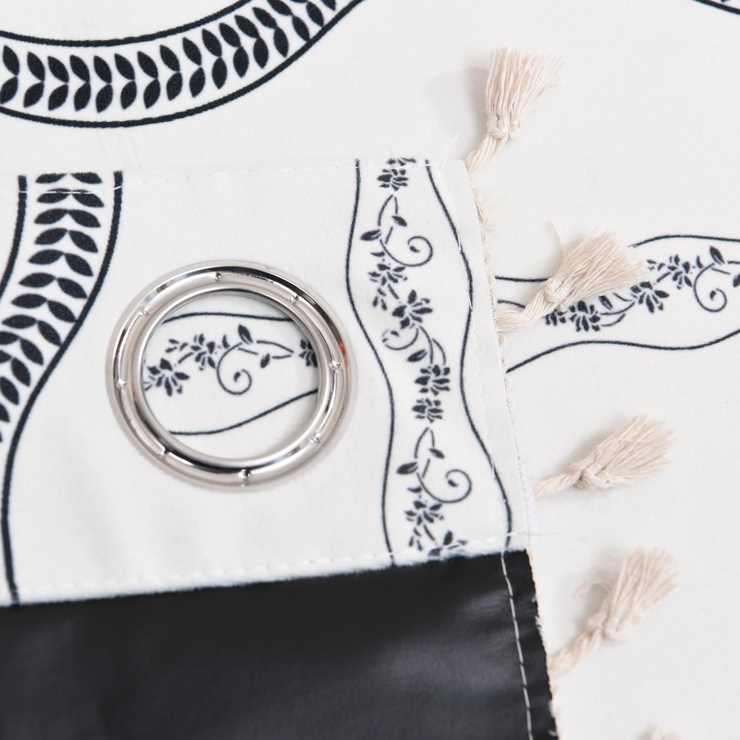 100% Full Blackout Curtains Velvet Window Curtain Bohemian arc Pattern Black Print Curtains Grommet for Bedroom Full Blackout Thermal Insulated Panels 97 Inch Long 2 Panels White