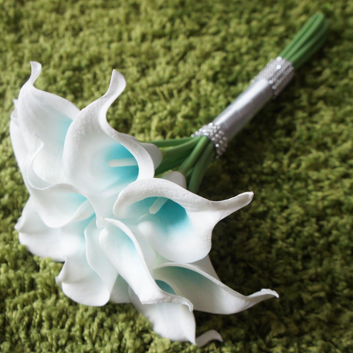 Artificial Wedding Floral Set Turquoise and White Calla Lily with Silver Ribbon and Bling (1 Dozen Bouquet)