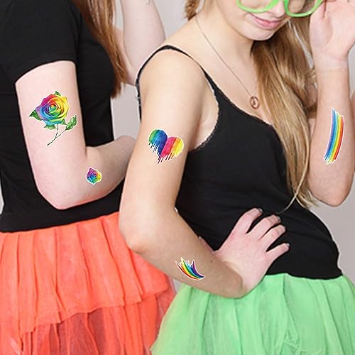 Miniatura 6 de Más de 200 tatuajes temporales de arco iris, tatuajes de Konsait de mariposa/flor/corazón/arco iris, calcomanías impermeables para niñas y niños,