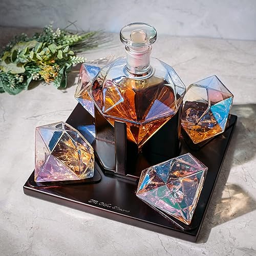 Miniatura 6 de Diamond Irisdescent - Decantador de whisky y vino, gran regalo, 25.4 fl oz con 4 vasos de diamante y hermoso soporte de madera de caoba, licor,