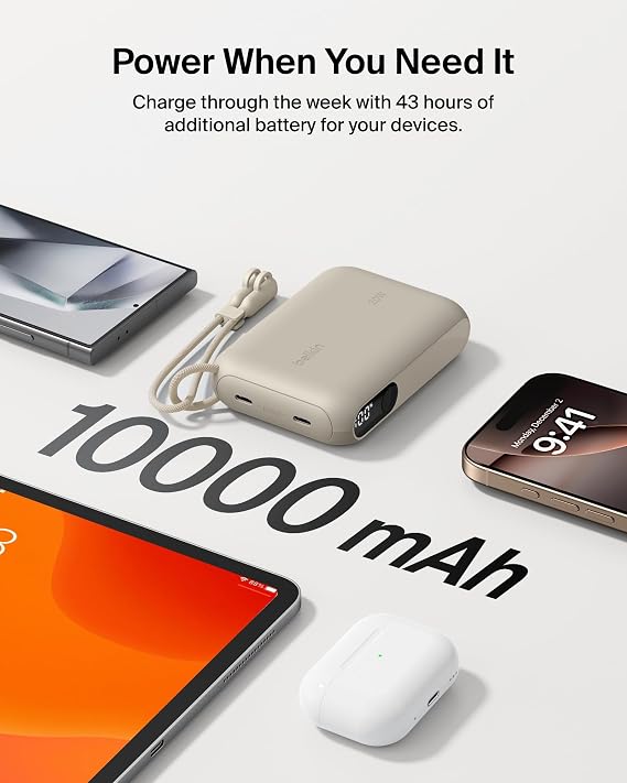 Belkin Portable Charger, Slim USB-C Power Bank 10,000mAh w/ 2 USB-C Ports, Digital Battery Display, 20W Charging Battery Pack - iPhone 17, Air, Pro, Samsung Galaxy S25, Pixel 10, iPad, More - Sand