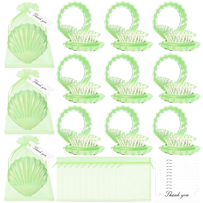 Conjunto DJSSJS com 12 espelhos compactos em formato de concha, escovas dobráveis, etiquetas e sacos de organza