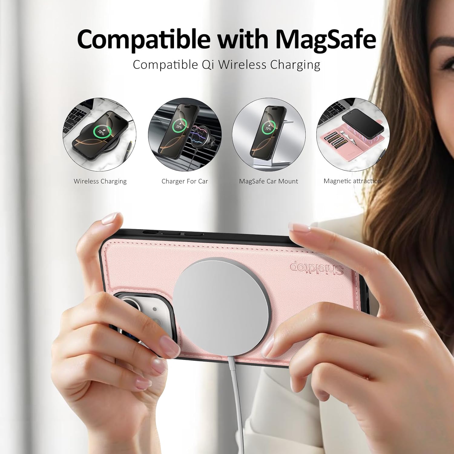 Shieldtop Compatible Magsafe Magnetic 2 in 1 Detachable iPhone 11 Wallet Case with Card Holder Credit Card Slots Men Women,PU Leather RFID Blocking Flip Kickstand for Apple 11 6.1",Rose Gold