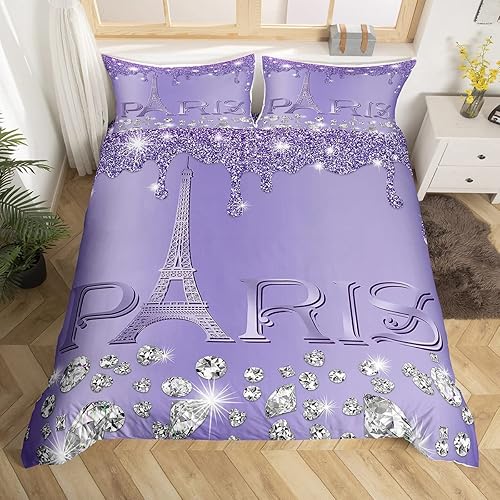 Miniatura 26 de Erosebridal Juego de ropa de cama de París con purpurina, funda de edredón de torre Eiffel para niñas, funda de edredón suave de diamantes