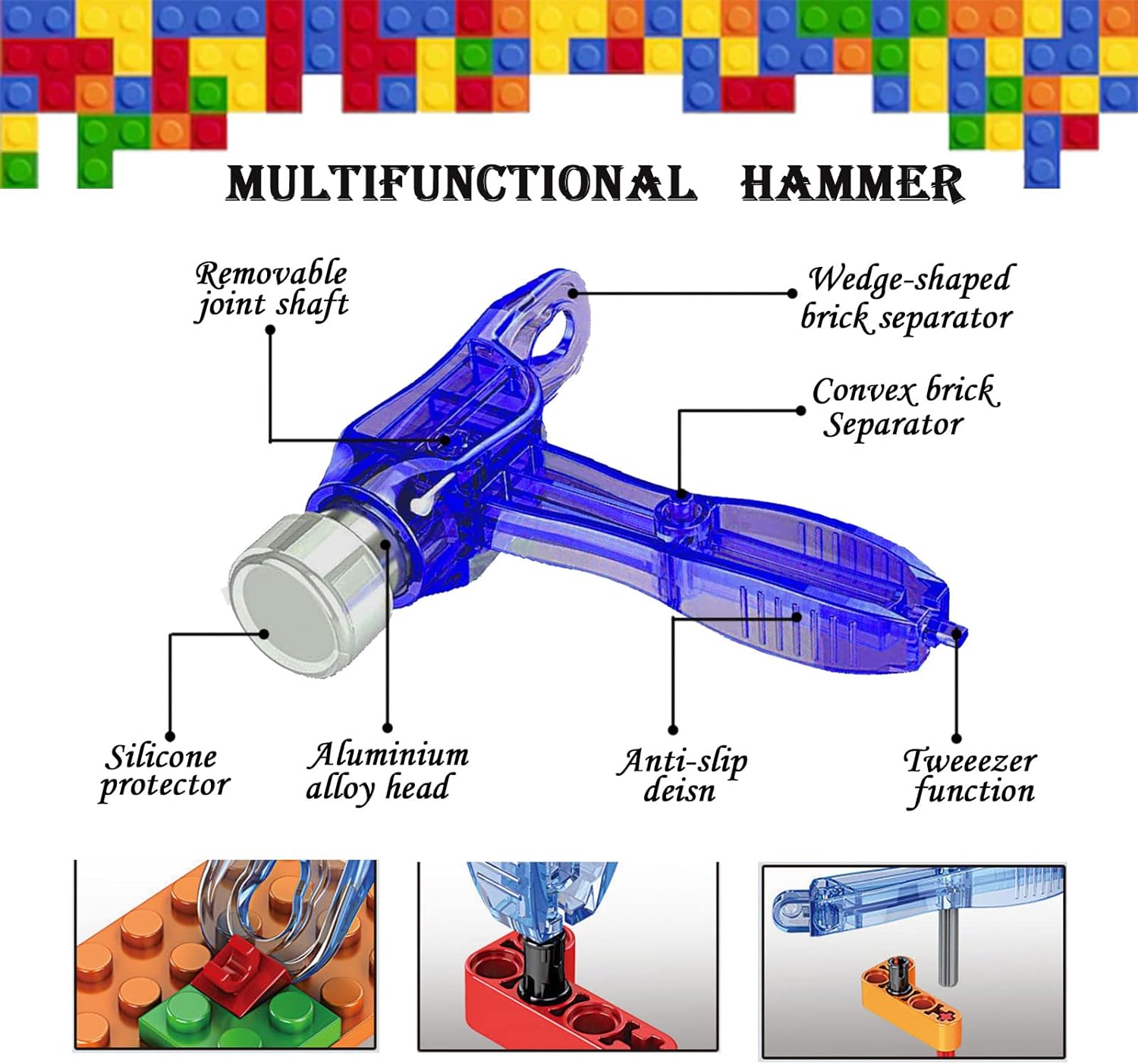 Building Blocks Tool Kit - Brick Separator, Mini Blocks Tool Set, Multi-Functional Hammer, Pliers, Tweezers, Finger Protectors with Tin Box (Blue)