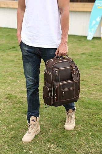 Miniatura 9 de Lannsyne Mochila vintage de cuero de grano completo para hombre de 15.6 pulgadas, mochila para laptop de camping y viajes, mochila de 24 L, Marrón,