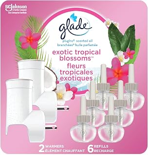 Glade PlugIns Air Freshener Kit, Scented and Essential Oils for Home and Bathroom, Exotic Tropical Blossoms, 2 Warmers and 6 Refills (Packaging May Vary)