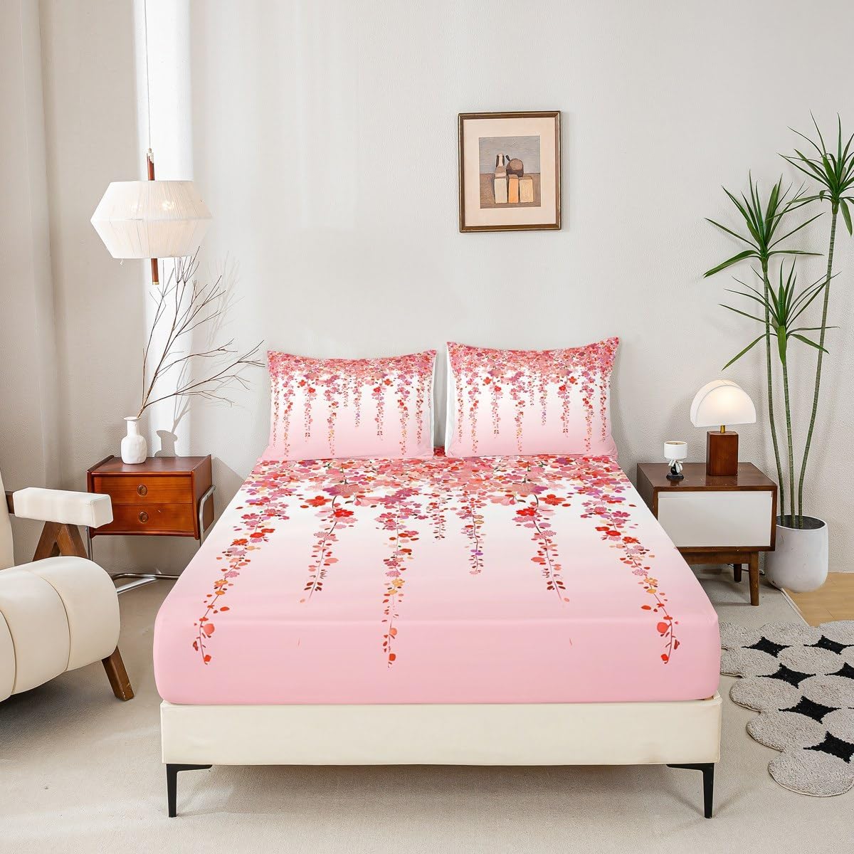Cherry Blossoms Kids Fitted Sheet Twin Size,Pink Watercolor Floral Bed Sheet 2Pcs,Boys Girls Bedroom Decor,Romantic Valentine's Day Gift Deep Pocket Sheet,1 Pillowcase