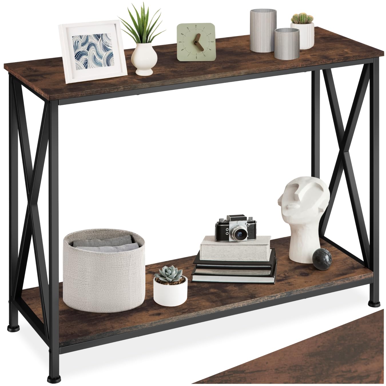 tectake® Industrial Konsolentisch schmal, Bartisch mit 2 Ablagen, Beistelltisch, als Telefontisch, Flur Kommode, Wohnzimmer Möbel, als Sideboard Küche, Blumenbank - Industrial Dunkelbraun
