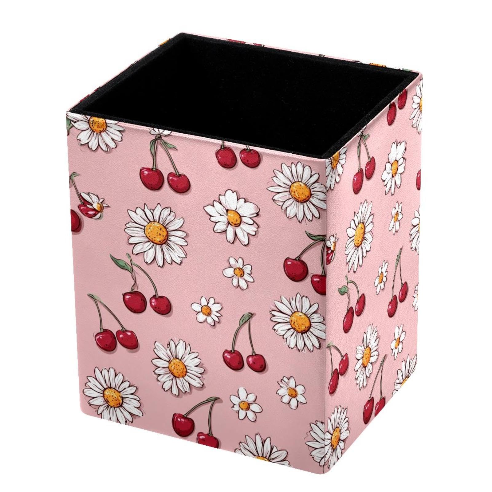 VAPOKF Pencil Holders for Desk, Daisies and Cherries Printed Pen Holders Pen Pot Makeup Brushes Storage Desktop Stationery Supplies Organiser for Home Office