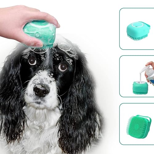 Miniatura 6 de ELEGX Cepillo de masaje de baño para mascotas con dispensador de jabón y champú, cerdas de silicona suave para perros de pelo corto y largo
